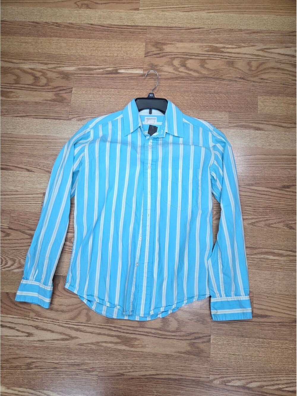 American Eagle Light Blue and White Striped Button-Up Shirt XS